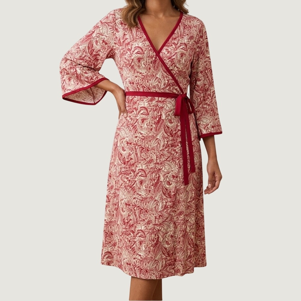 Studio M Burgundy Beige Paisley Pattern Wrap Bohemian Dress Flutter Sleeve Sz S
